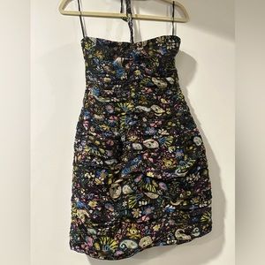Nwt ZARA black paisley ruched body con halter mini dress💙
